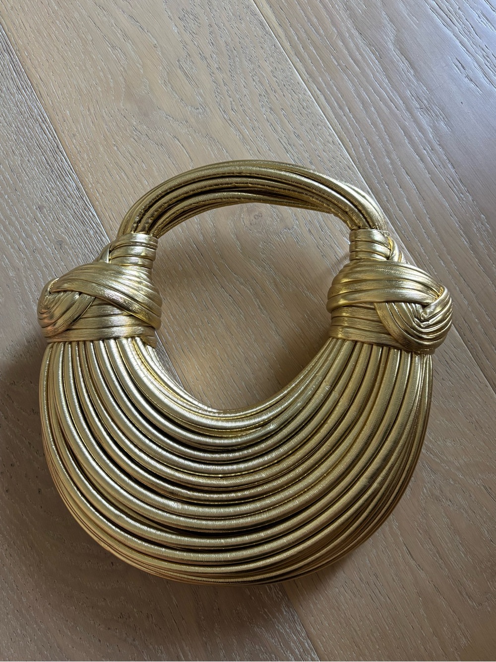 LuLus Deeply Luxe Gold Metallic Knotted Cord Crescent Handbag Clutch Satchel bag